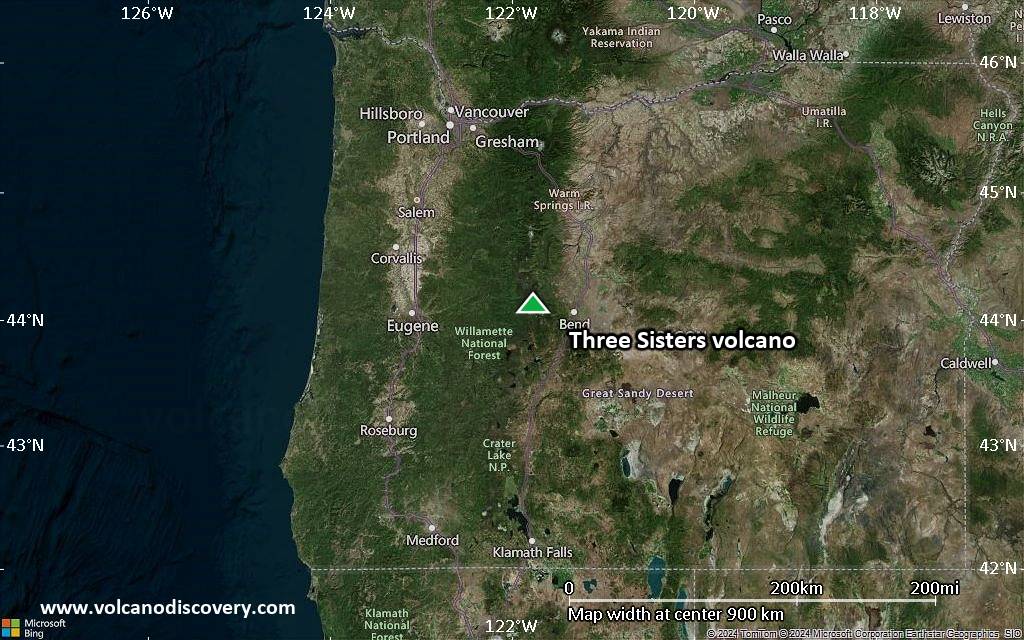 Satellite/aerial-type map of Three Sisters volcano (region scale small)