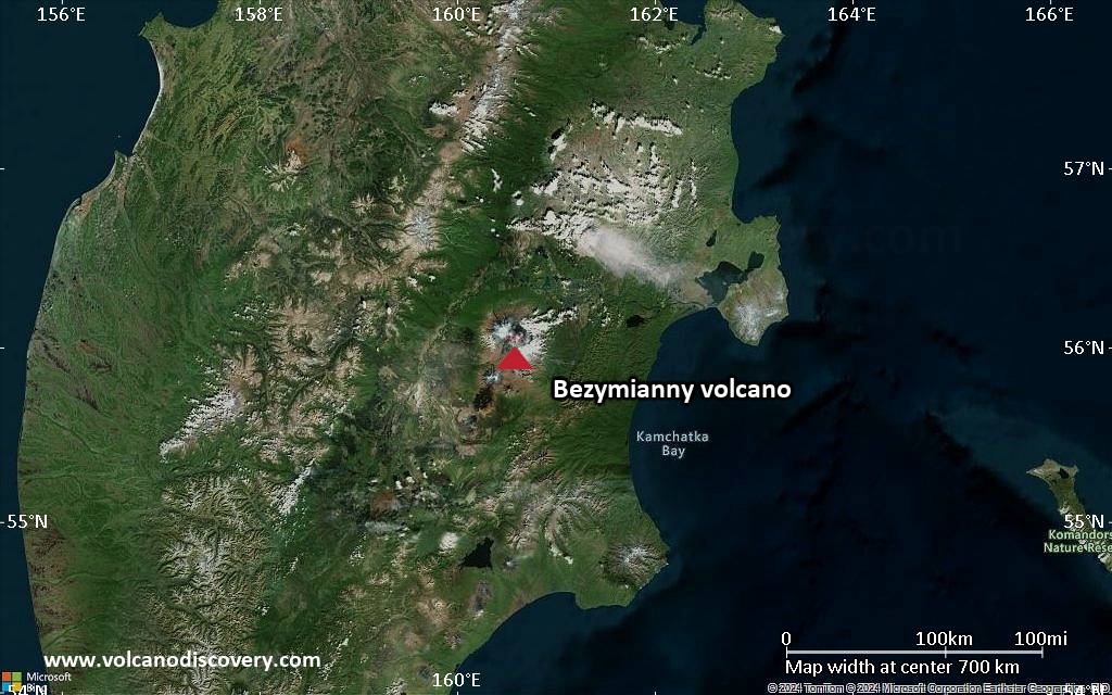 Satellite/aerial-type map of Bezymianny volcano (region scale small)