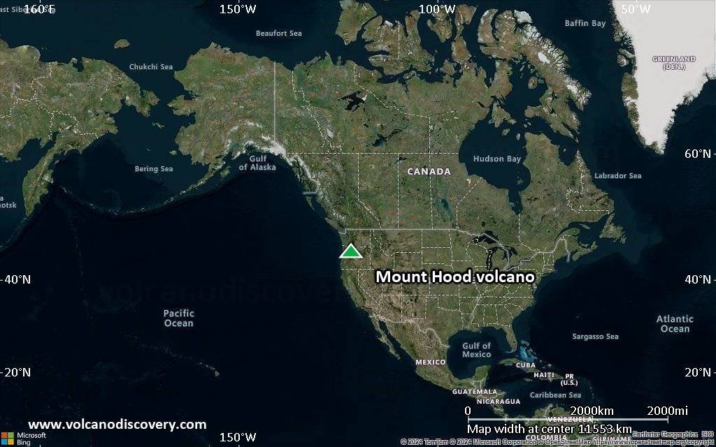 Satellite/aerial-type map of Mount Hood volcano (world scale)