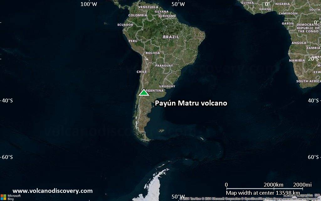 Satellite/aerial-type map of Payún Matru volcano (world scale)