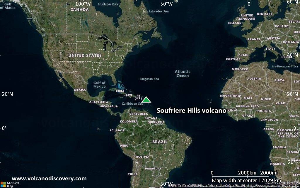 Satellite/aerial-type map of Soufriere Hills volcano (world scale)