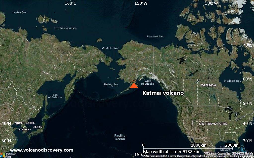 Satellite/aerial-type map of Katmai volcano (world scale)