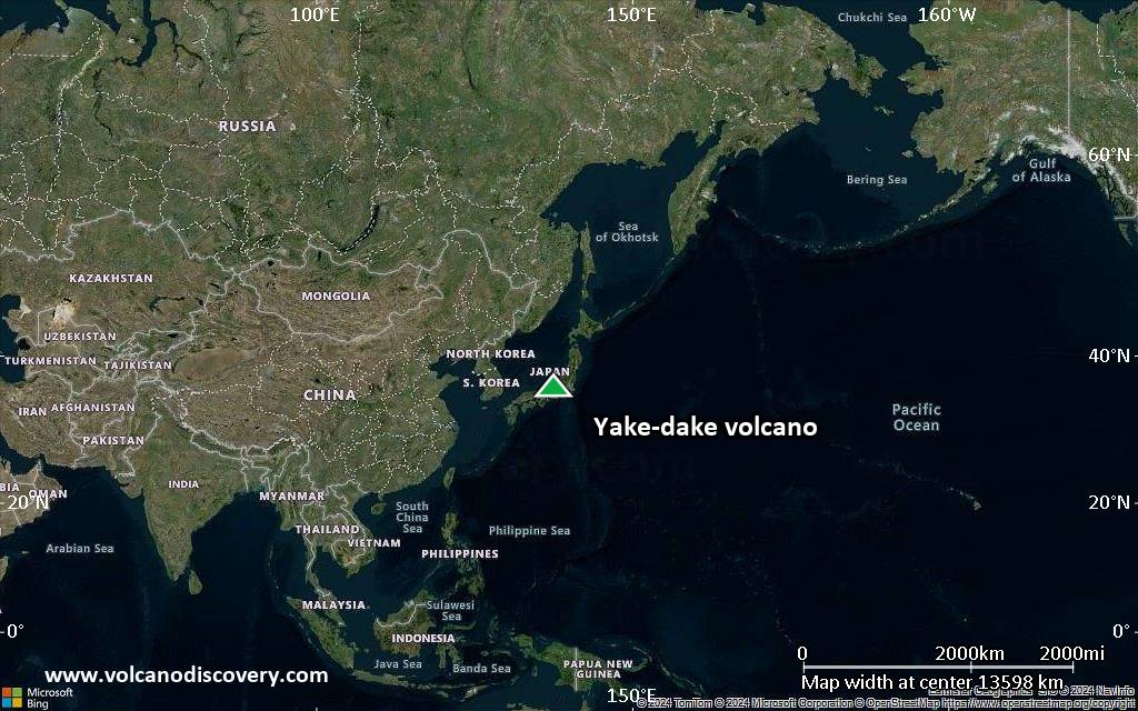 Satellite/aerial-type map of Yake-dake volcano (world scale)