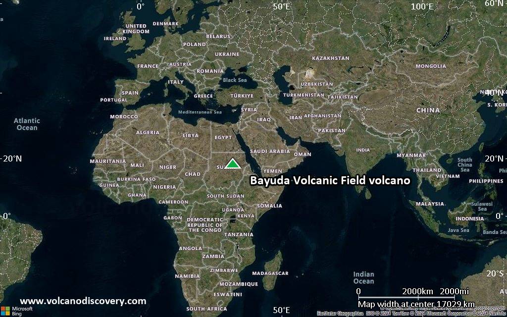 Satellite/aerial-type map of Bayuda Volcanic Field volcano (world scale)