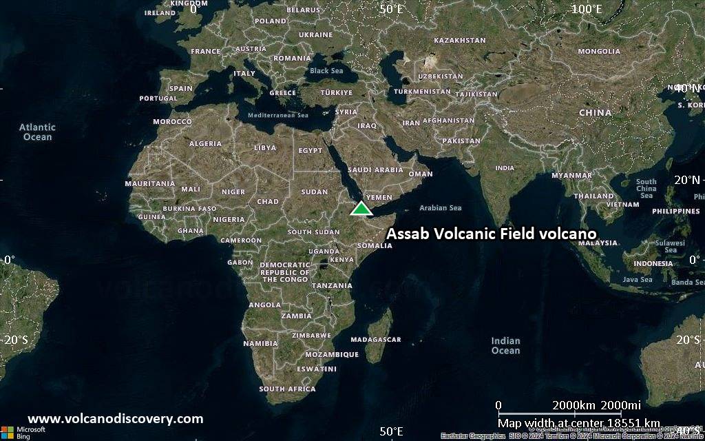 Satellite/aerial-type map of Assab Volcanic Field volcano (world scale)