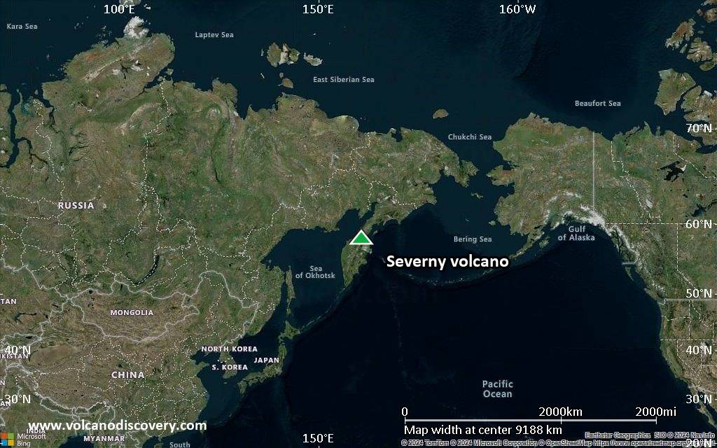 Satellite/aerial-type map of Severny volcano (world scale)