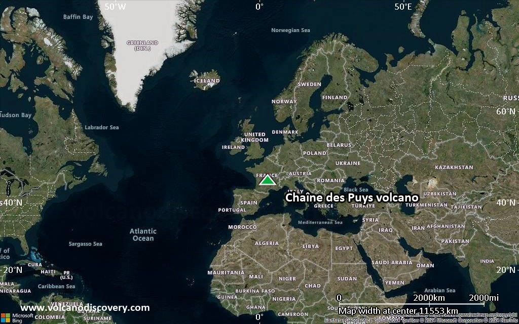 Satellite/aerial-type map of Chaîne des Puys volcano (world scale)