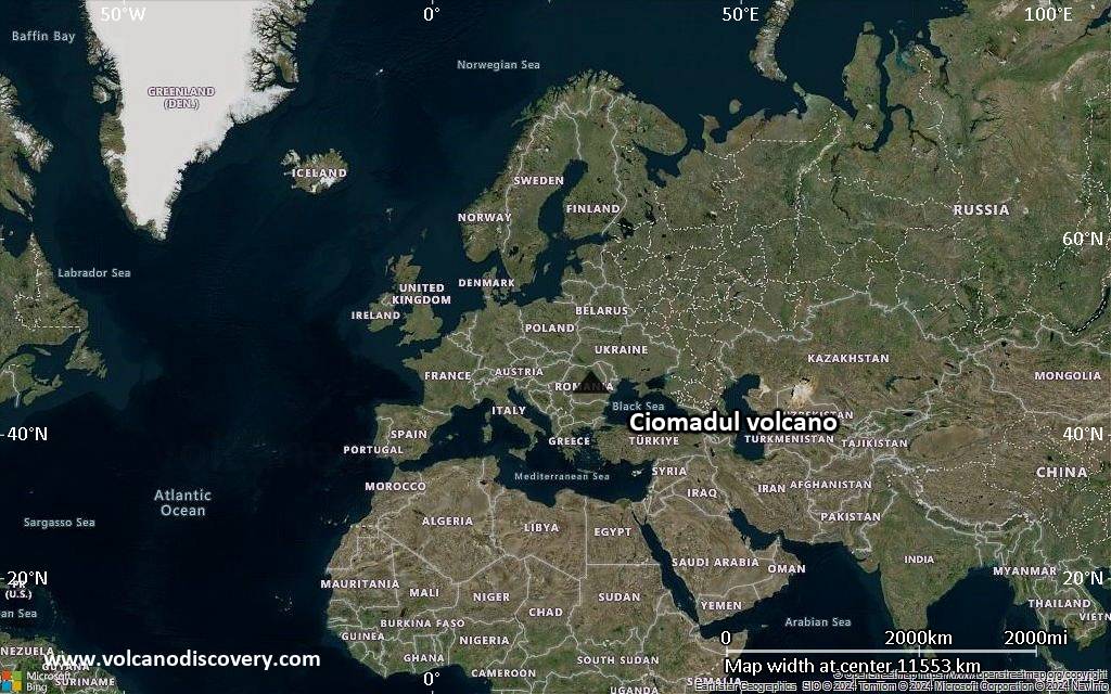Satellite/aerial-type map of Ciomadul volcano (world scale)
