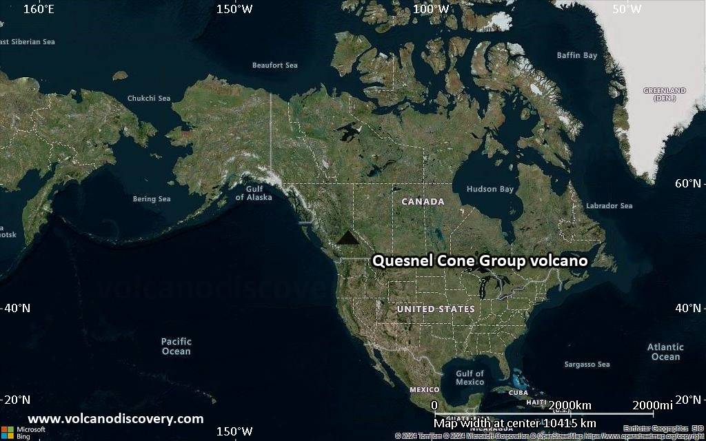 Satellite/aerial-type map of Quesnel Cone Group volcano (world scale)