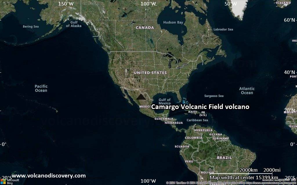 Satellite/aerial-type map of Camargo Volcanic Field volcano (world scale)
