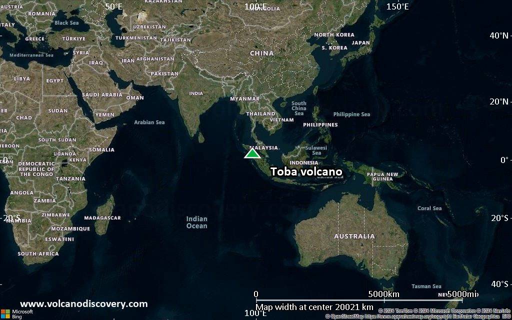 Satellite/aerial-type map of Toba volcano (world scale)