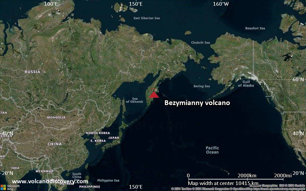 Satellite/aerial-type map of Bezymianny volcano (world scale)