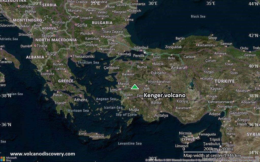 Satellite/aerial-type map of Kenger volcano (region scale medium)