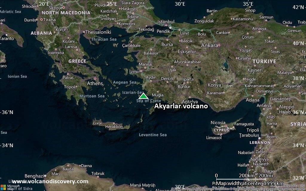 Satellite/aerial-type map of Akyarlar volcano (region scale medium)