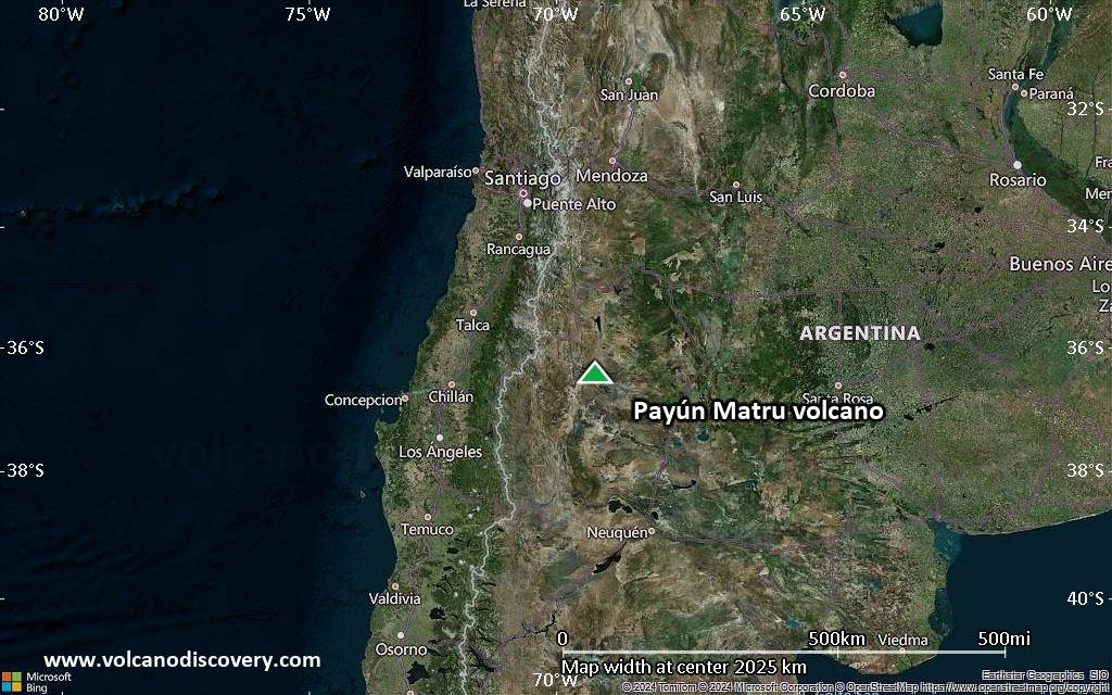 Satellite/aerial-type map of Payún Matru volcano (region scale medium)