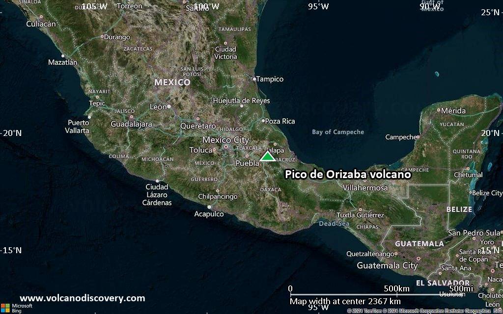 Satellite/aerial-type map of Pico de Orizaba volcano (region scale medium)