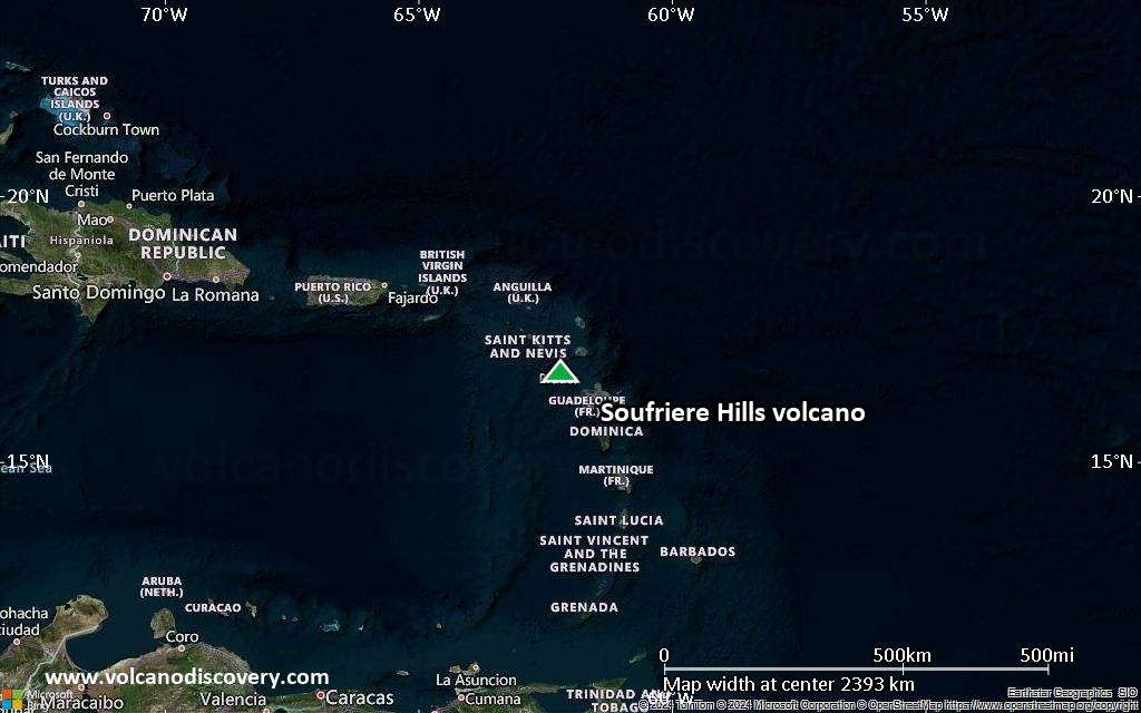 Satellite/aerial-type map of Soufriere Hills volcano (region scale medium)