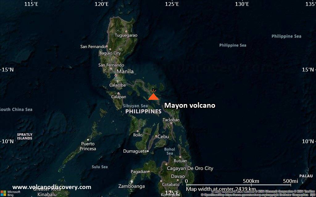 Satellite/aerial-type map of Mayon volcano (region scale medium)