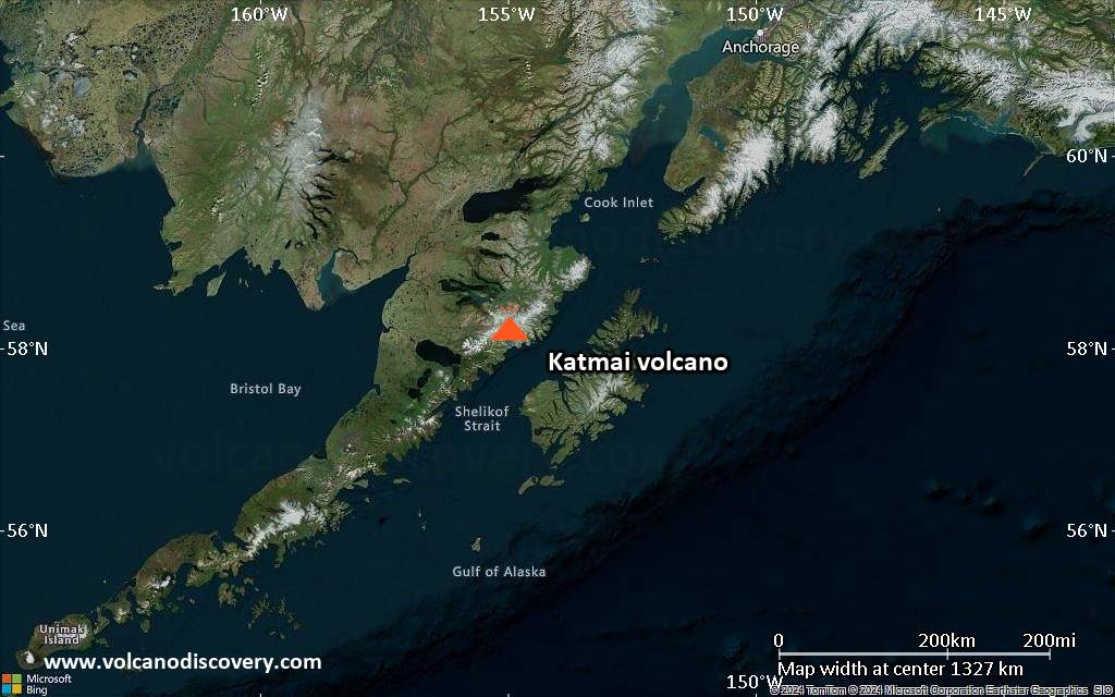 Satellite/aerial-type map of Katmai volcano (region scale medium)