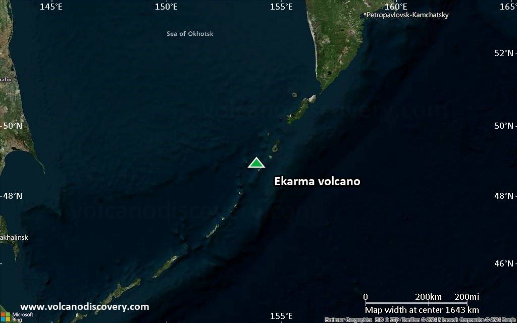 Satellite/aerial-type map of Ekarma volcano (region scale medium)