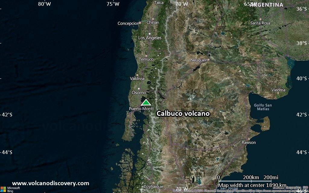 Satellite/aerial-type map of Calbuco volcano (region scale medium)