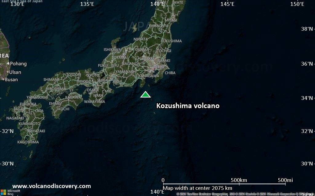 Satellite/aerial-type map of Kozushima volcano (region scale medium)