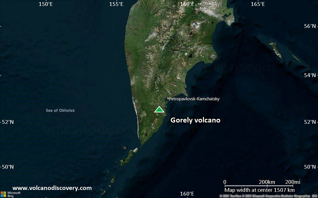 Satellite/aerial-type map of Gorely volcano (region scale medium)