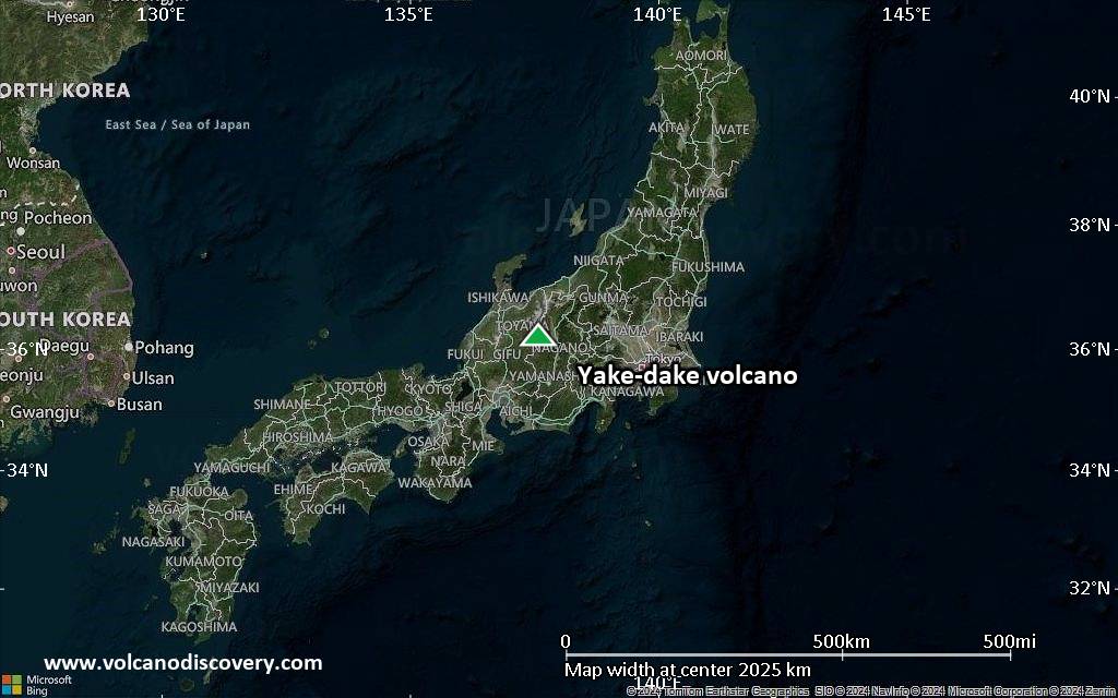 Satellite/aerial-type map of Yake-dake volcano (region scale medium)