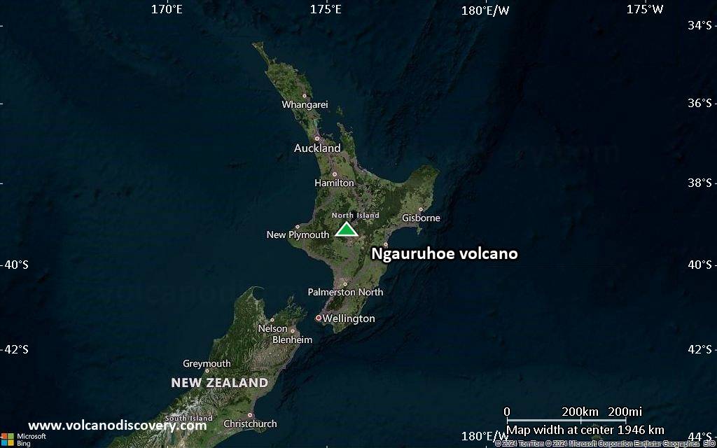 Satellite/aerial-type map of Ngauruhoe volcano (region scale medium)