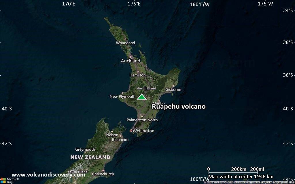Satellite/aerial-type map of Ruapehu volcano (region scale medium)