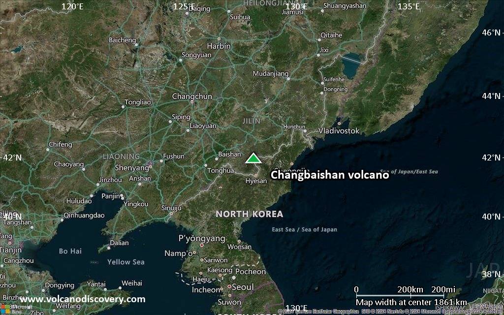 Satellite/aerial-type map of Changbaishan volcano (region scale medium)