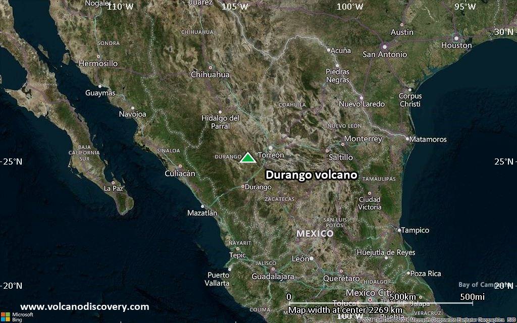 Satellite/aerial-type map of Durango volcano (region scale medium)