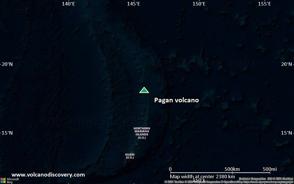 Satellite/aerial-type map of Pagan volcano (region scale medium)