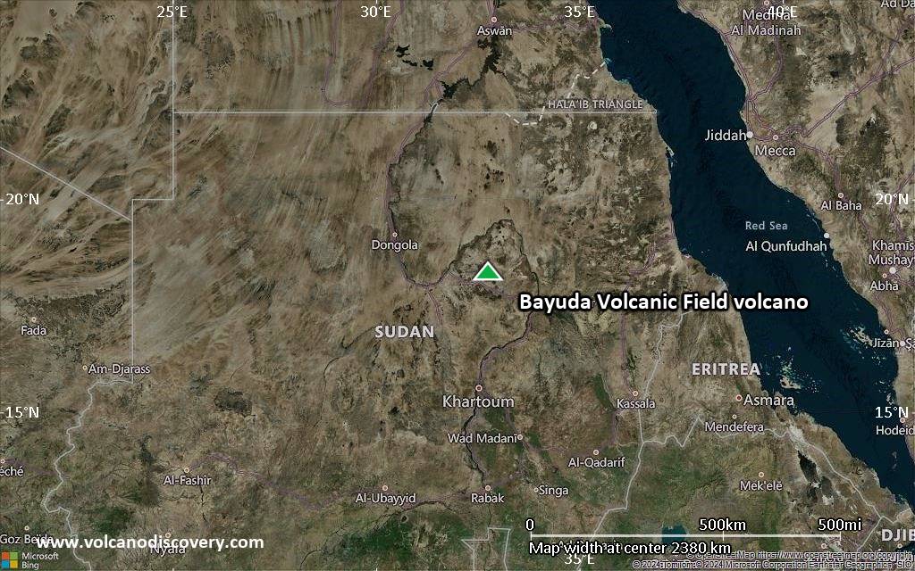 Satellite/aerial-type map of Bayuda Volcanic Field volcano (region scale medium)