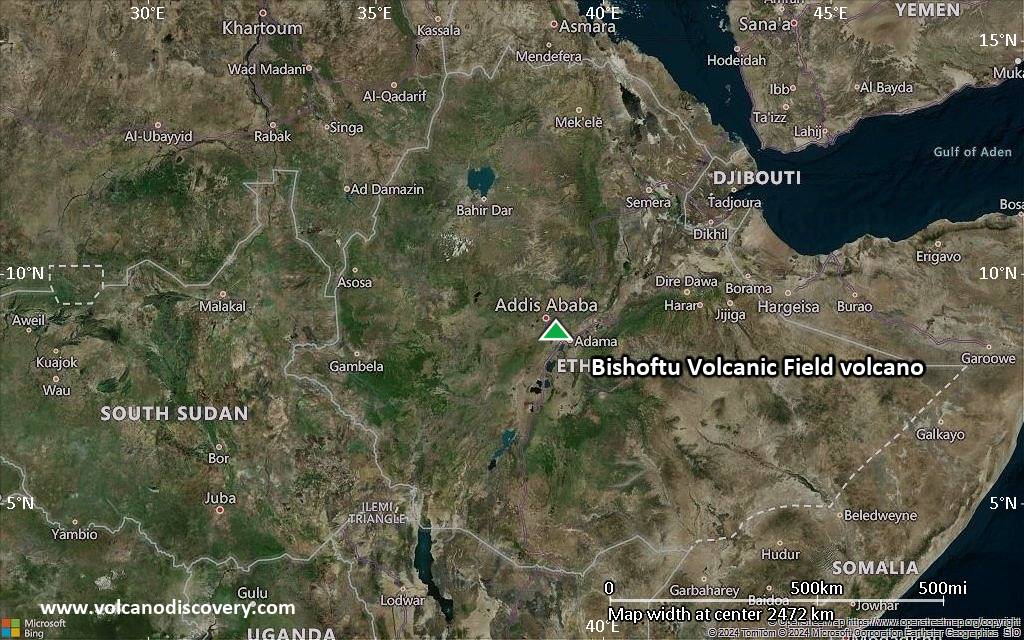 Satellite/aerial-type map of Bishoftu Volcanic Field volcano (region scale medium)