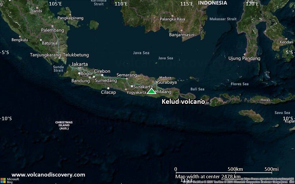 Satellite/aerial-type map of Kelud volcano (region scale medium)
