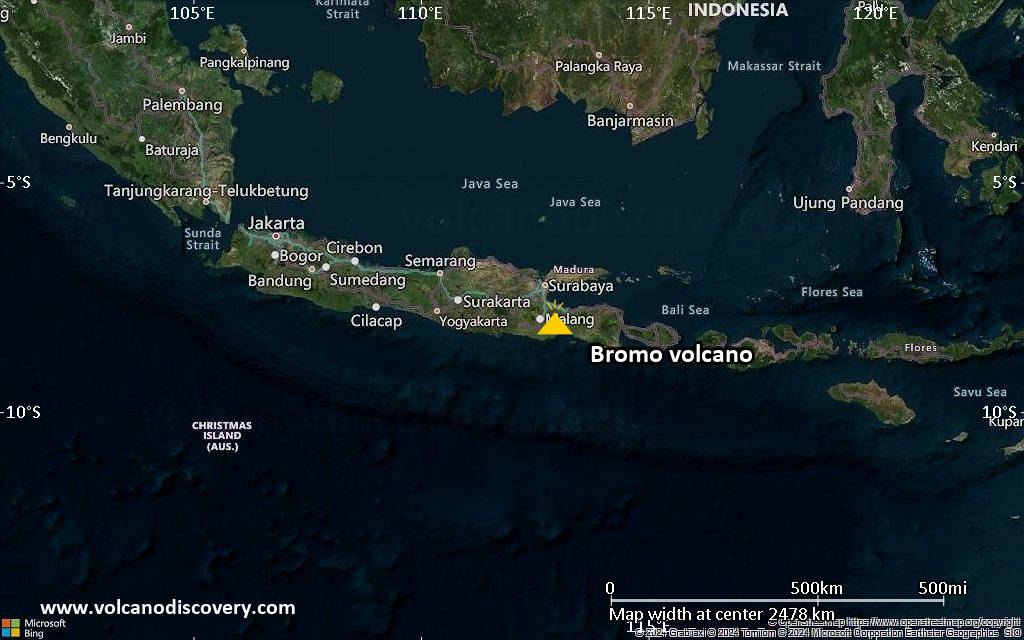 Satellite/aerial-type map of Bromo volcano (region scale medium)