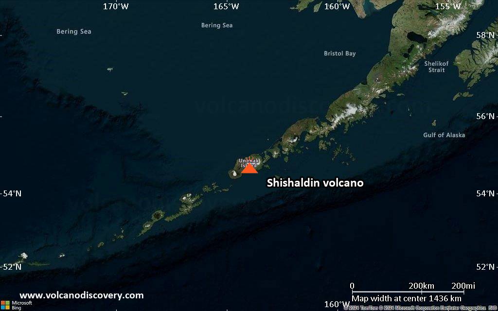 Satellite/aerial-type map of Shishaldin volcano (region scale medium)