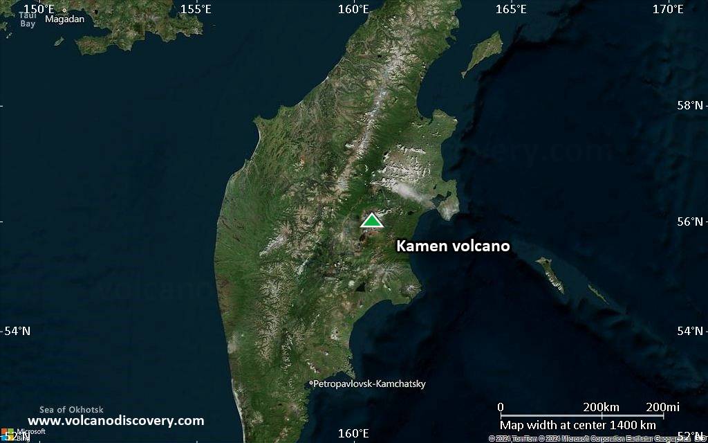 Satellite/aerial-type map of Kamen volcano (region scale medium)