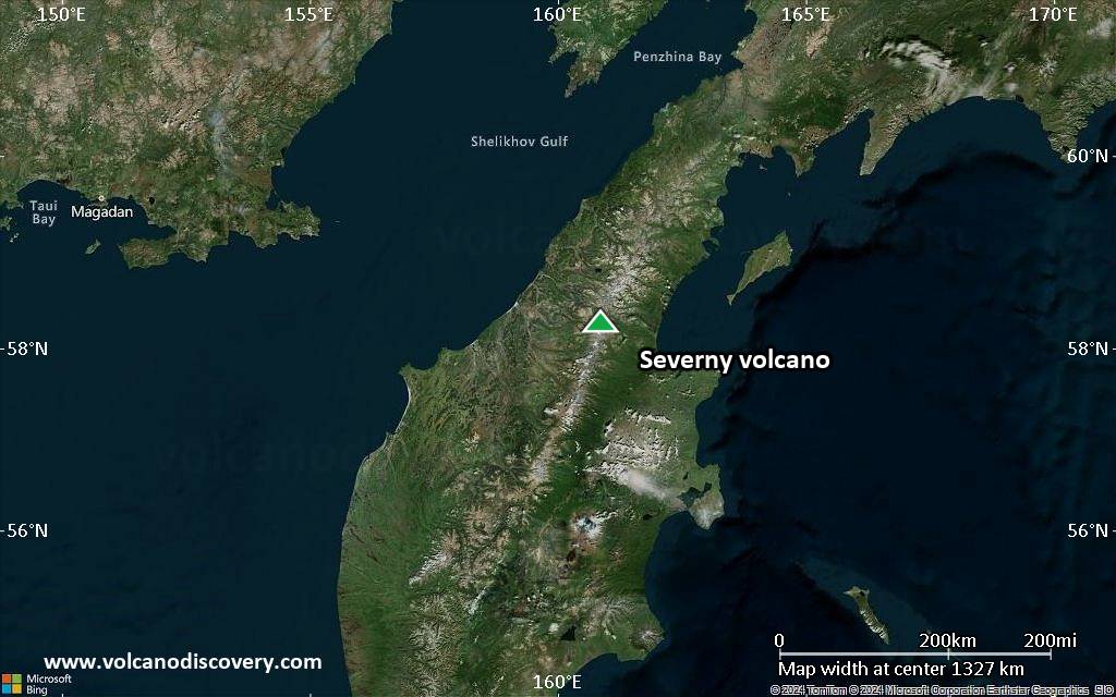 Satellite/aerial-type map of Severny volcano (region scale medium)