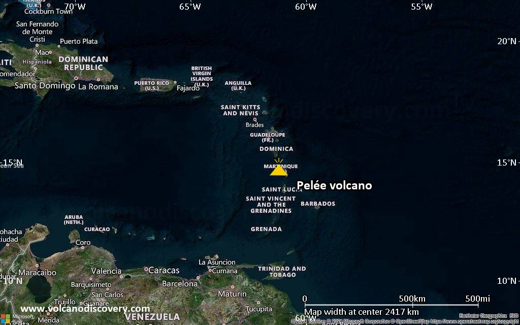 Satellite/aerial-type map of Pelée volcano (region scale medium)