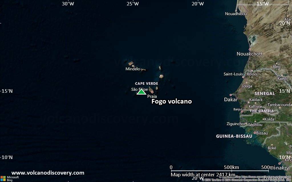 Satellite/aerial-type map of Fogo volcano (region scale medium)