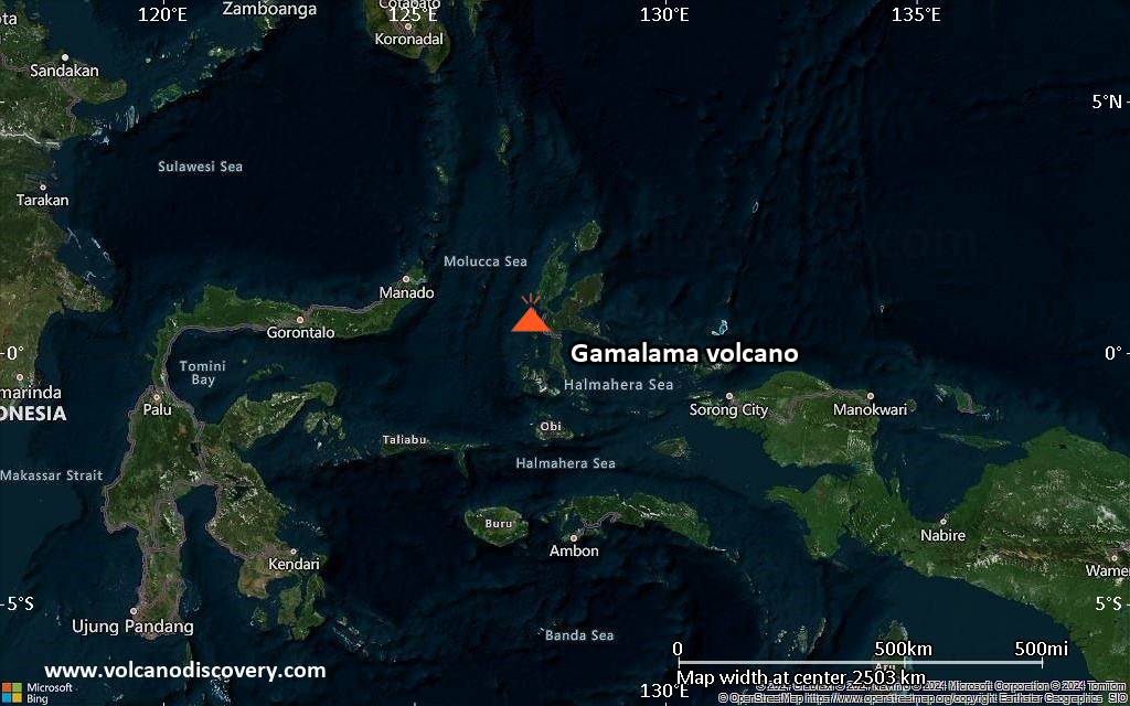 Satellite/aerial-type map of Gamalama volcano (region scale medium)