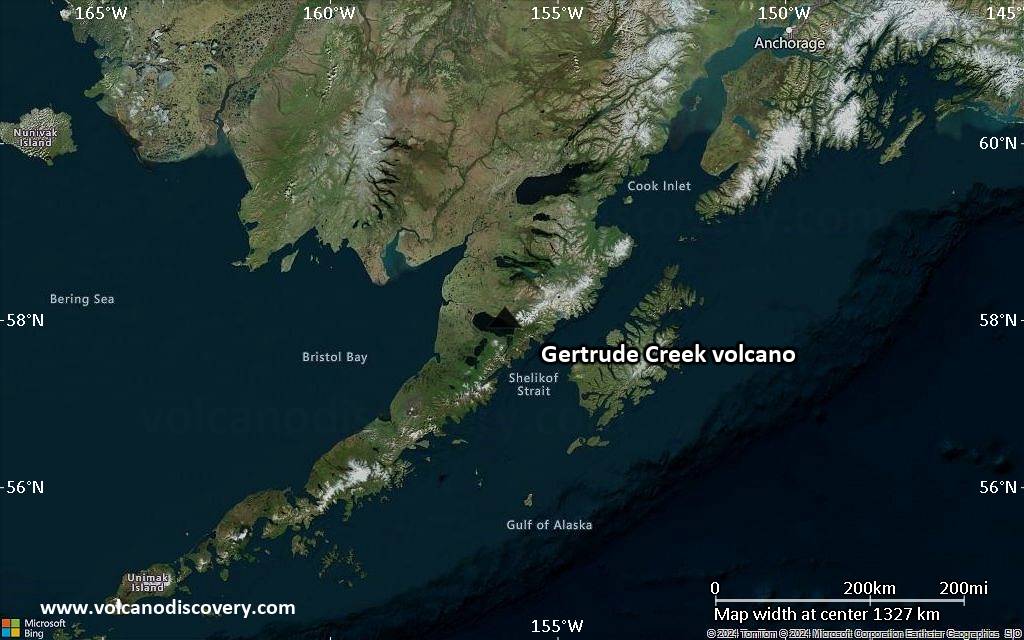 Satellite/aerial-type map of Gertrude Creek volcano (region scale medium)
