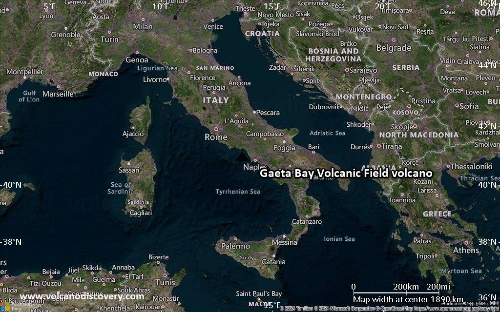 Satellite/aerial-type map of Gaeta Bay Volcanic Field volcano (region scale medium)