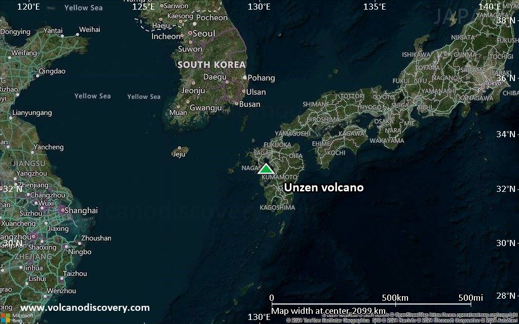 Satellite/aerial-type map of Unzen volcano (region scale medium)