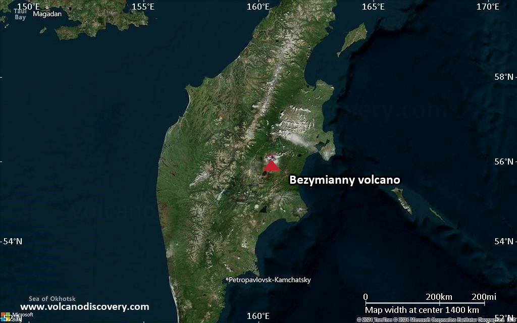Satellite/aerial-type map of Bezymianny volcano (region scale medium)