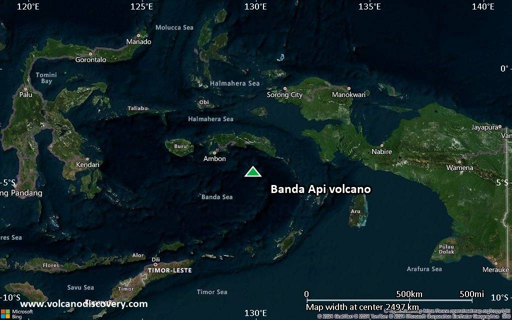 Satellite/aerial-type map of Banda Api volcano (region scale medium)