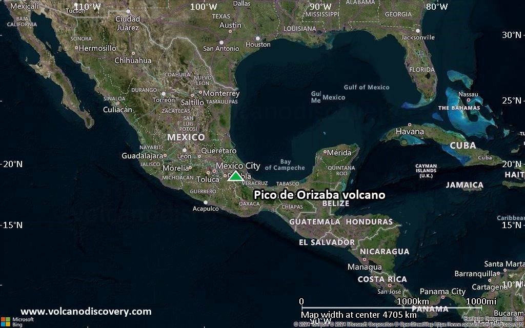 Satellite/aerial-type map of Pico de Orizaba volcano (region scale large)