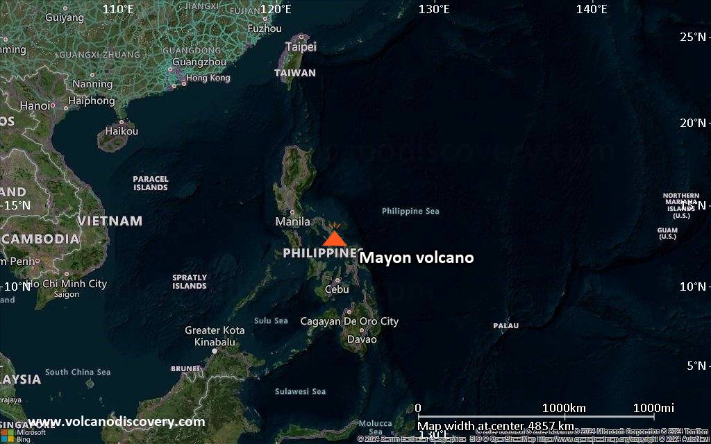 Satellite/aerial-type map of Mayon volcano (region scale large)